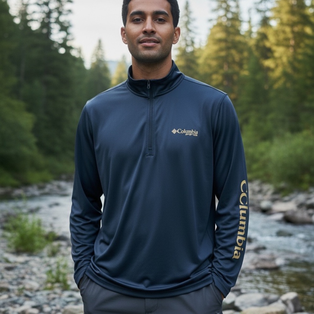 Columbia Navy Half‑Zip Pullover with Gold Logo and Sleeve Script